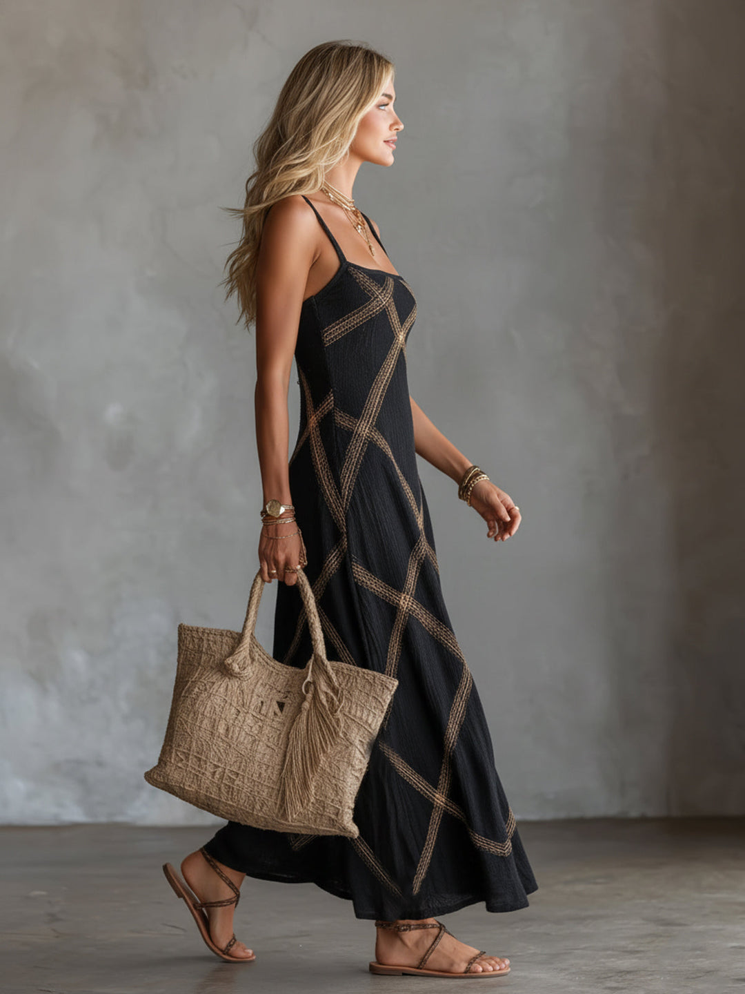 Olga | Geometrické maxi šaty v černé a velbloudí hnědé