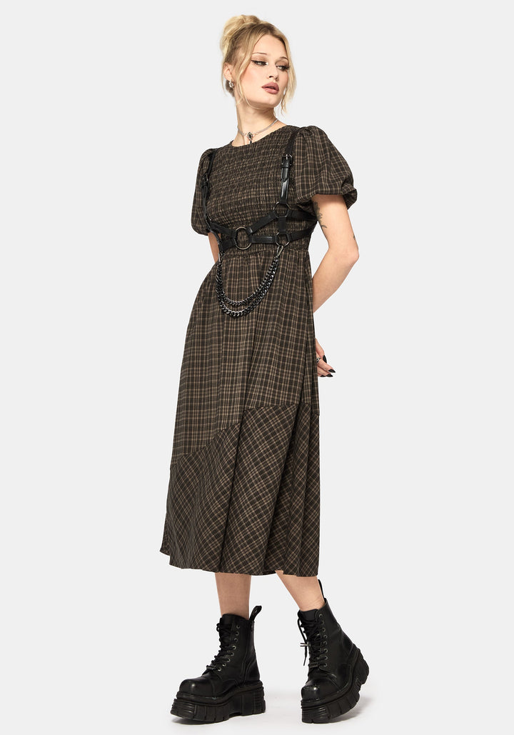 Denisa – hnědo-krémové kostkované midi šaty – fotografie 5