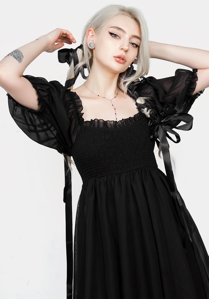 Beáta – černé šifonové mini šaty ve stylu babydoll s pružně žabičkovaným živůtkem – fotografie 6