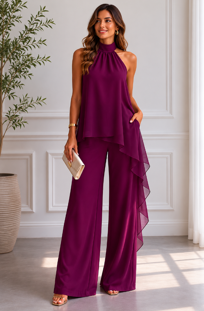 Drahomíra | Elegantní souprava s topem za krk a kalhotami