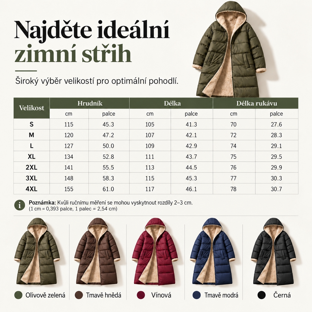 Elvíra – tabulka velikostí a barev zimního kabátu