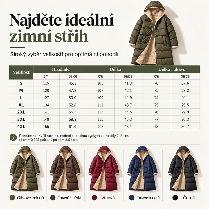 Elvíra – tabulka velikostí a barev zimního kabátu
