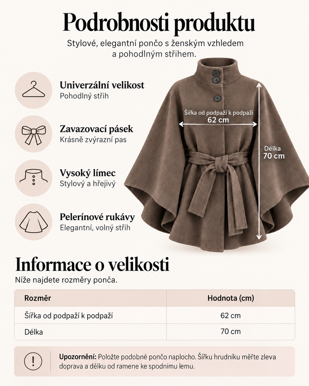 Karolína – podrobnosti ponča a rozměry 62 cm a 70 cm