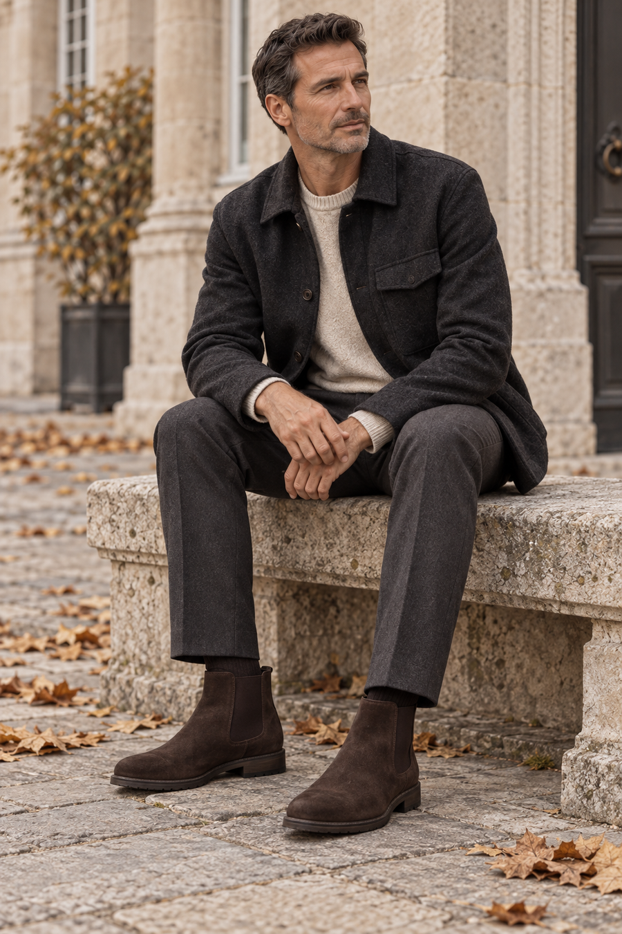 Model sedí na kamenné lavičce, v popředí hnědé kotníkové boty.